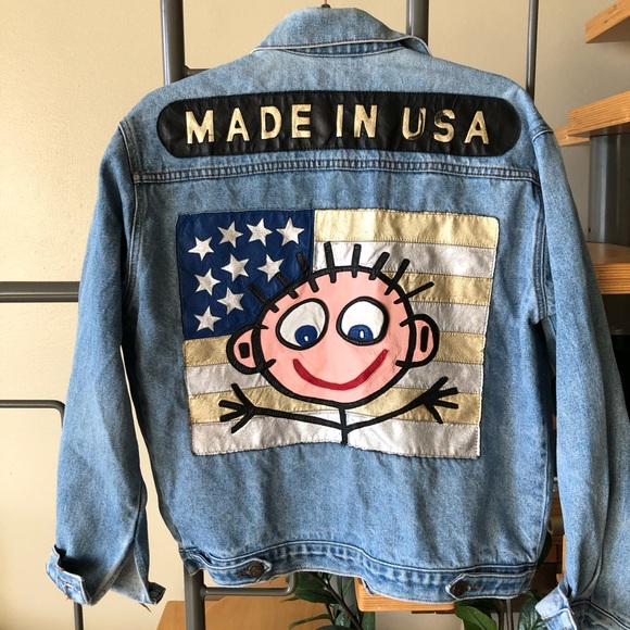 Vintage Denim Jacket w Metallic Flag - Picture 2 of 5